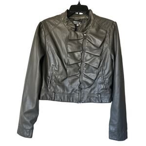 Ashley by 26 International Gray Faux Leather Ruffled Moto Biker Jacket Womens XL